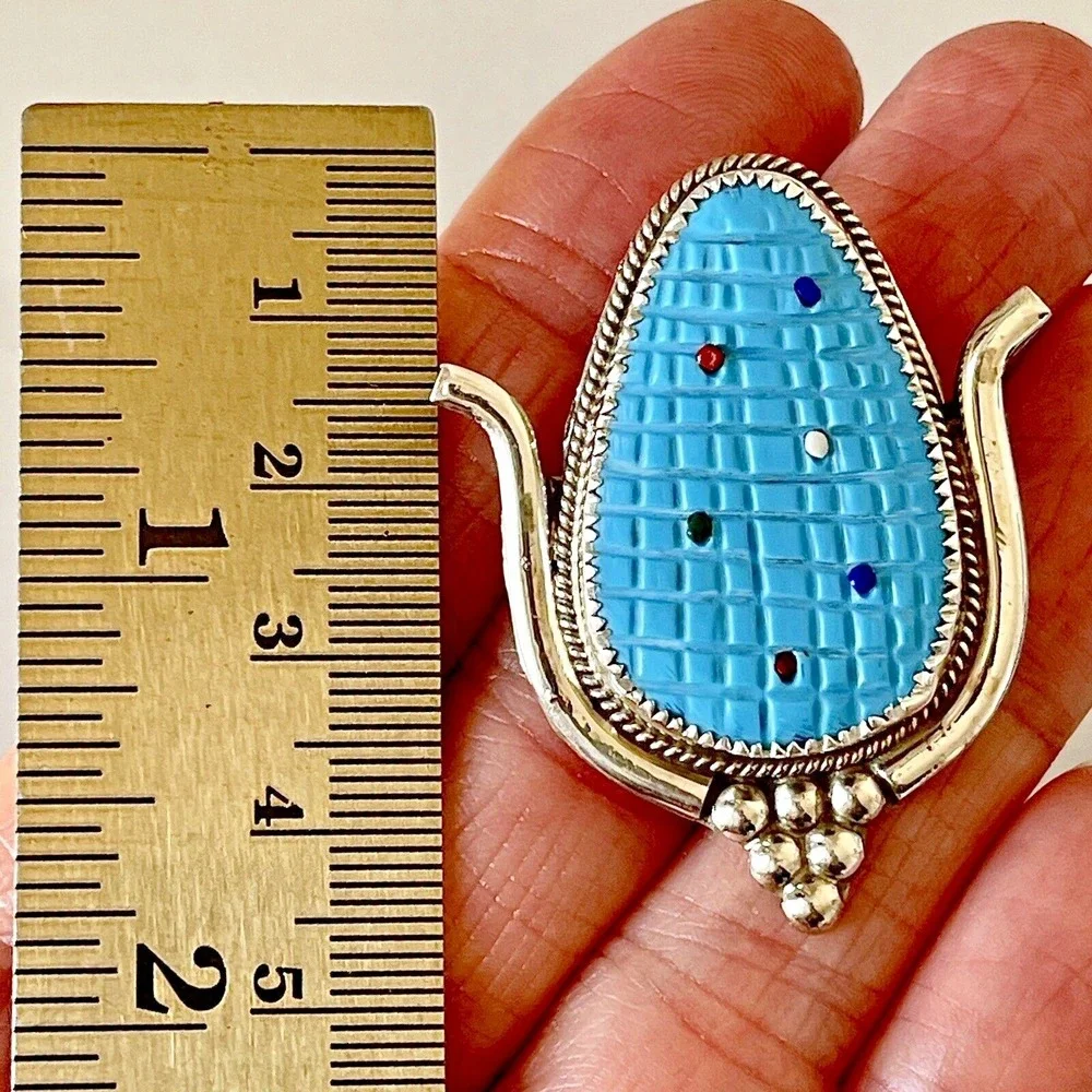 Zuni Inlay Ear Corn Maiden Pendant Pin Carved Turquoise Signed Brooch Huge Big